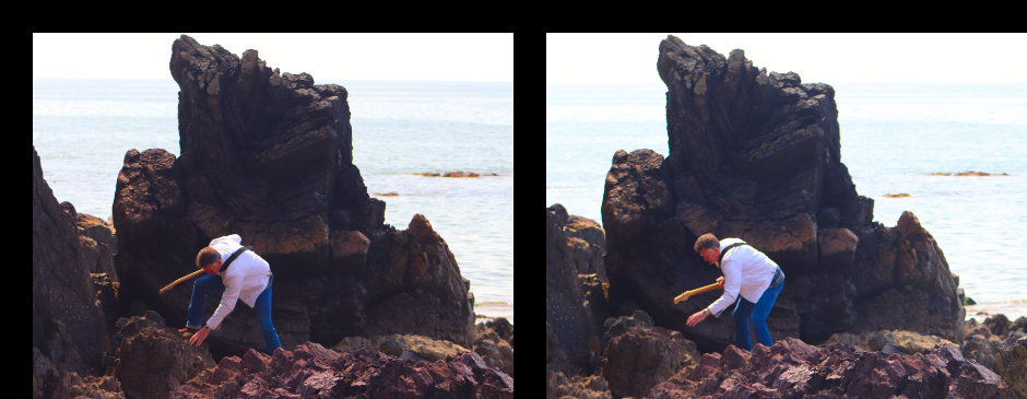 images of James stumbling over rocks on the beach