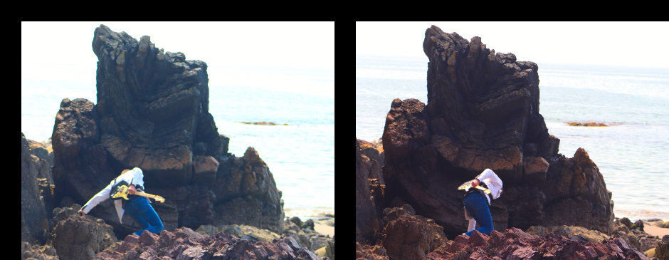 images of James stumbling over rocks on the beach