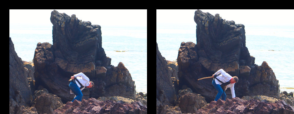 images of James stumbling over rocks on the beach