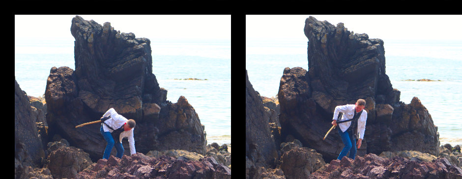 images of James stumbling over rocks on the beach