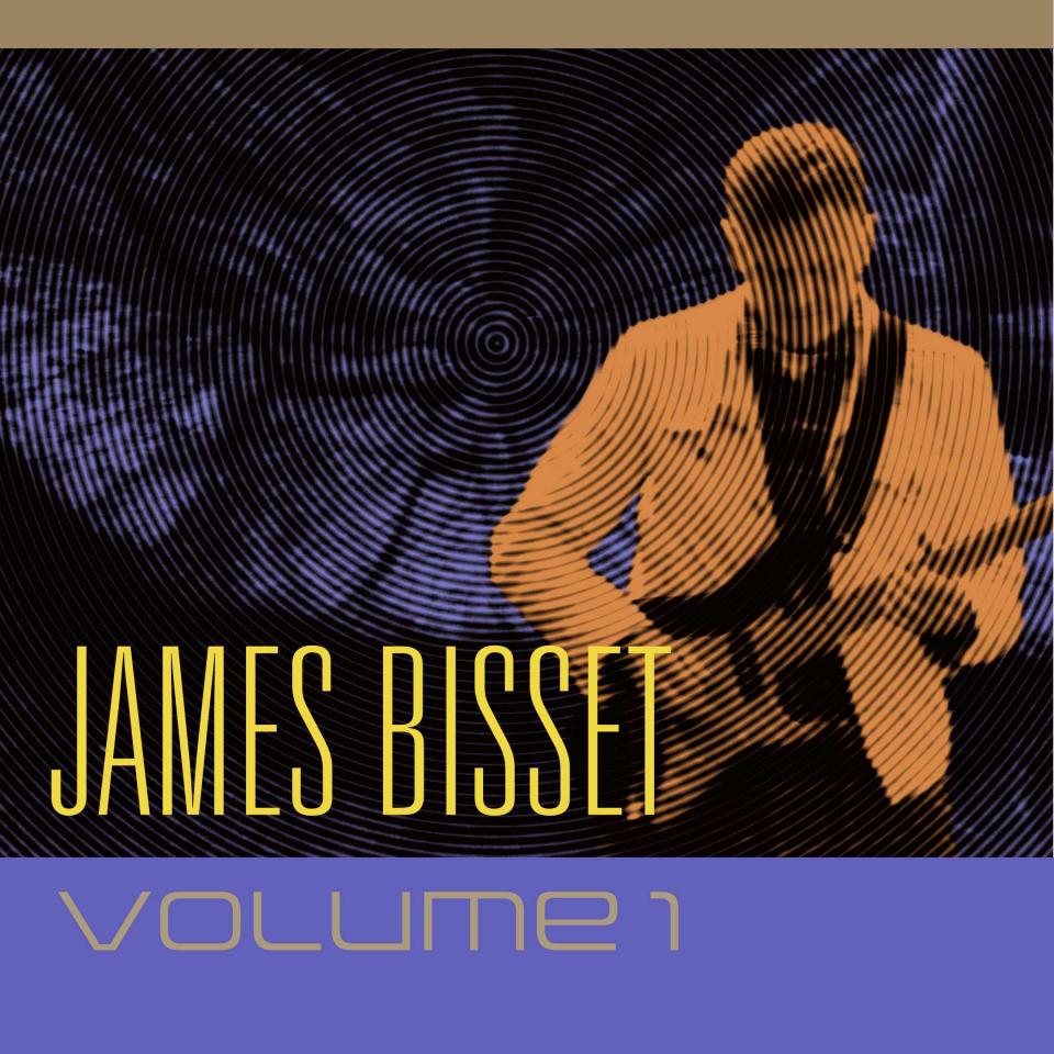 cover for James Bisset Volume 1, featuring James playing guitar in front of twisted and folded rock