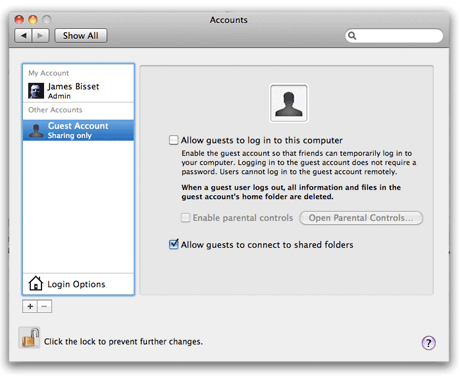 Guest access Guest Account panel in Mac OS X 10.6